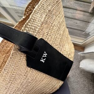 Woven Straw Tote Bag with Black Leather Accent – Monogram KW